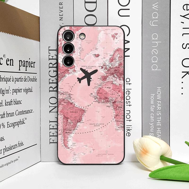 Pink World Map Printed Phone Case for Samsung S24 S23 Ultra S22 S25 Plus S21 S20FE 5G Shockproof Cover for Galaxy S25 Edge Shell