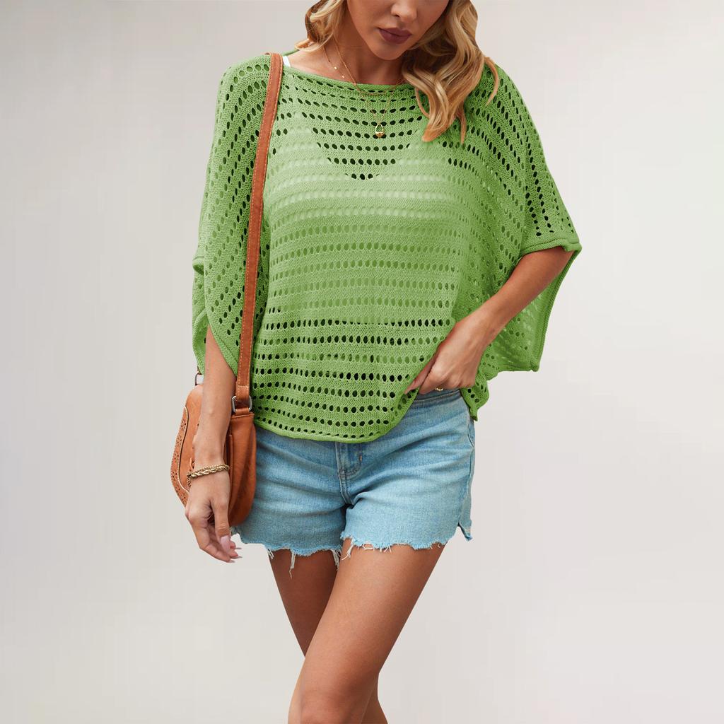 QICED O-Neck Solid Color Top Bat Sleeve Hollow Loose Large Size Sweater Women