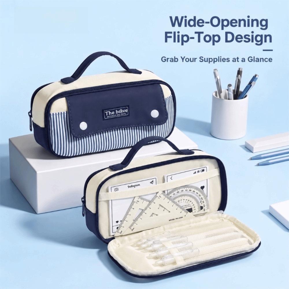 1Pc Color-Blocking Pencil Case Striped Print Stationery Pouch Durable Stationery Storage Bag Boys