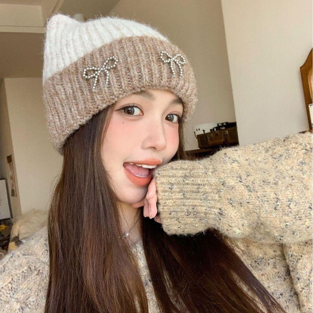 Casual Bowknot Knitted Hat Knitted Cat Ear Beanie Caps Windproof Fiber Winter Hat
