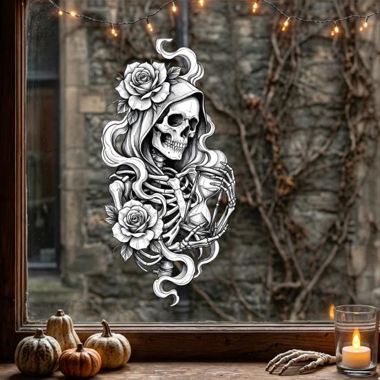 Skull Rose Window Cling Halloween Skeleton And Static Clings, Removable Sketch & Decoration Flower Glass Sticker, Waterproof PVC Decal for Home Store