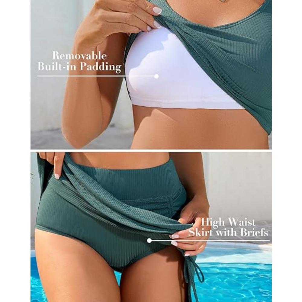 CHARMLEAKS Damskie dwuczęściowe komplety bikini z wysokim stanem i spódniczką kontrolujące brzuch, prążkowane, sportowe bikini, strój kąpielowy 2025