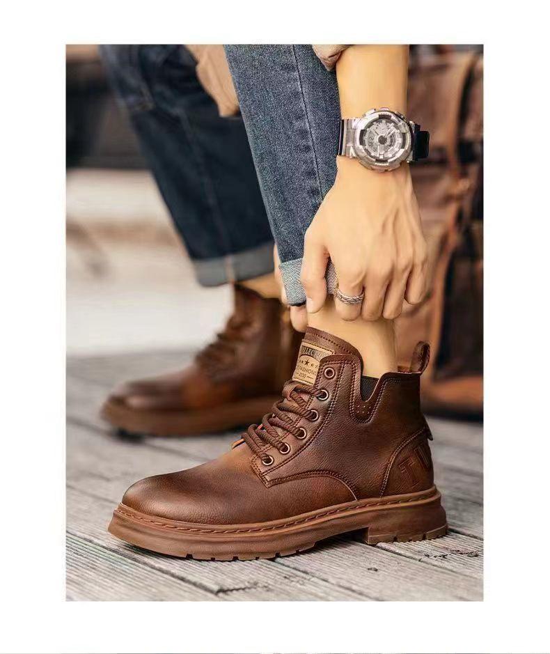 Bottes Martin en Cuir Doublées de Polaire Automne/Hiver 2025 - Chaussures Décontractées Hautes Résistantes à la Saleté pour Hommes