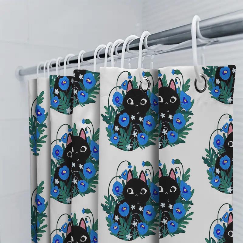 Floral Cat Shower Curtain Botanical Blue Flowers Home Decor Bathroom Set Vintage Nature Art Print Waterproof Fabric