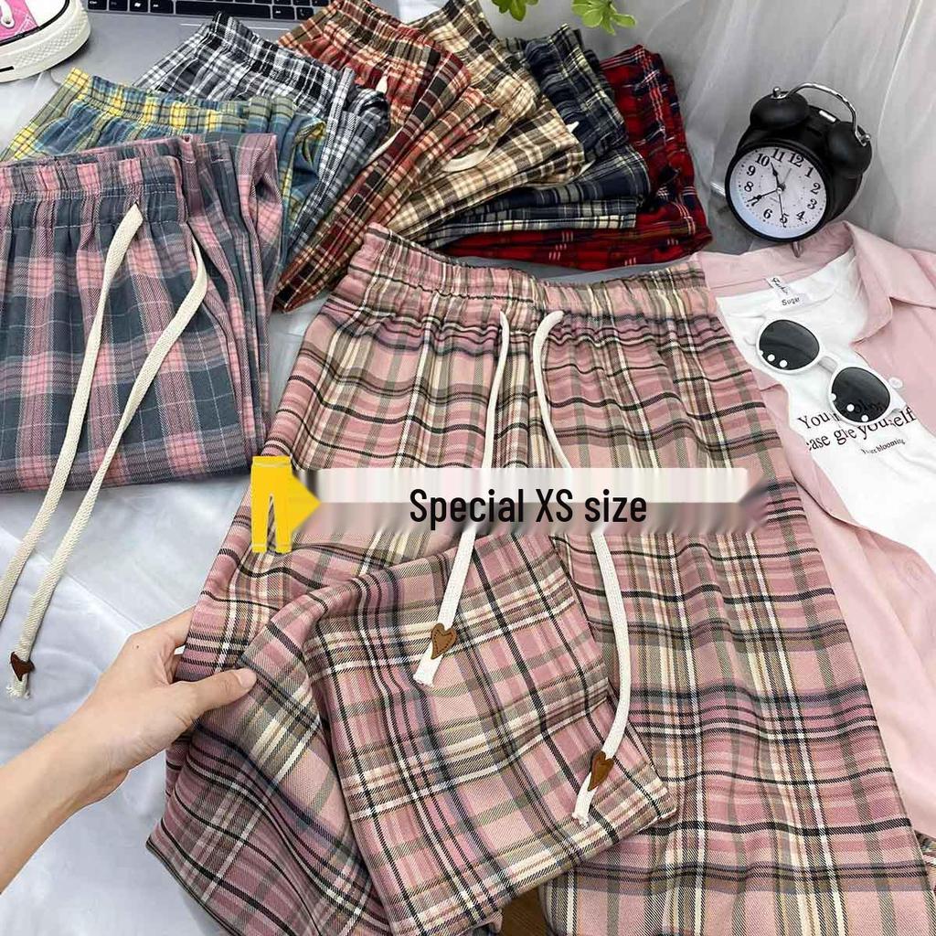 145cm Vintage Pink Plaid Drawstring Wide Leg Pants - Women's Slimming Straight Leg Summer Casual Loose Fit