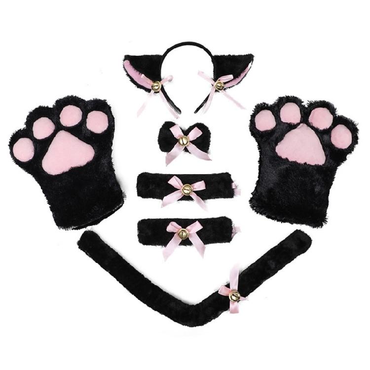 

Girls Anime Cats Ears Furry Headbands Set Lolita Kitty Tail Paws Gloves Bells Bows Adorn Halloween Cosplay Costume