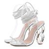 Fashion Liyke Sexy Silver Crystal Ankle Cross Strap Sandals Women Elegant Wedding Banquet Shoes Fashion Square Open Toe Fretwork Heels