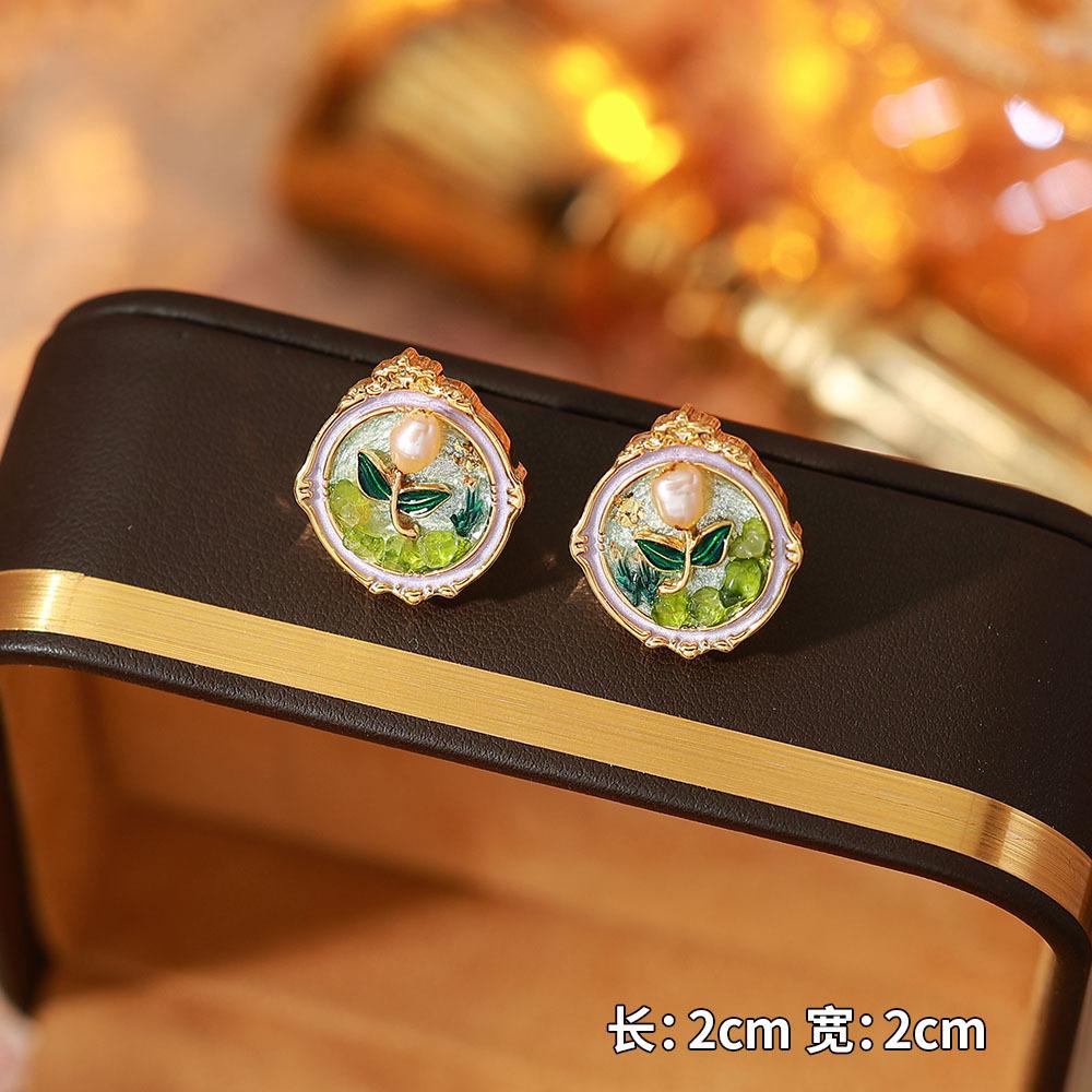 Ainibenni Original Design Enamel Painted Earrings for Women, Monet Garden Oil Painting Style Stud Earrings