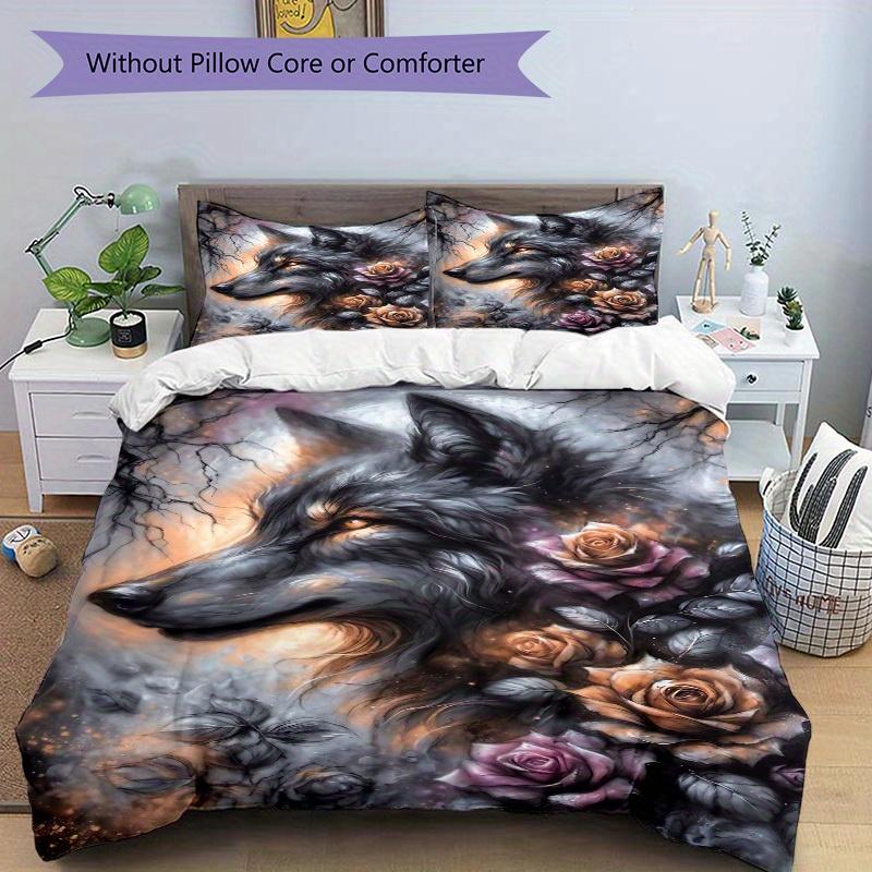 3pcs Wolf Roses Bedding Set Down Comforter Cover and Pillowcases, Suitable for Guest Room Home Decoration All Seasons(No Insert) S0819064