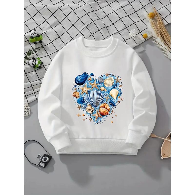 Kids Unisex Crewneck Sweatshirt, Ocean Seashell Starfish Heart Shape Watercolor Print Soft Fleece Pullover For Kids Over 4 Years Old