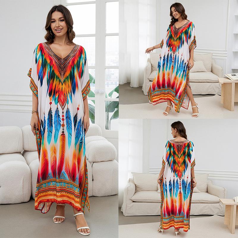 Luźny bawełniany szlafrok z nadrukiem w dużym rozmiarze - okrycie na wakacje na plaży dla kobiet