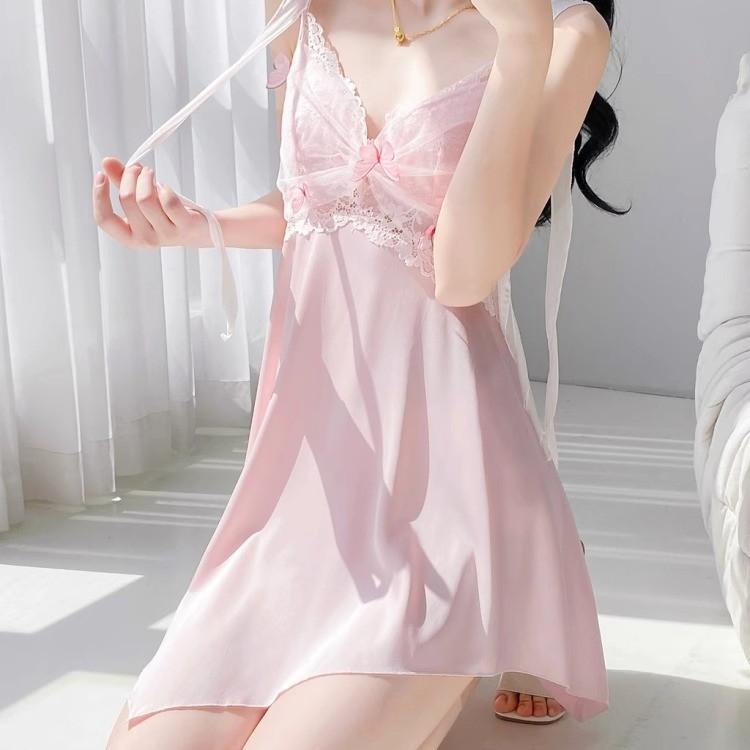 1011 new pure desire wind ice silk nightdress women with chest pad lace V-neck home casual breathable loungewear