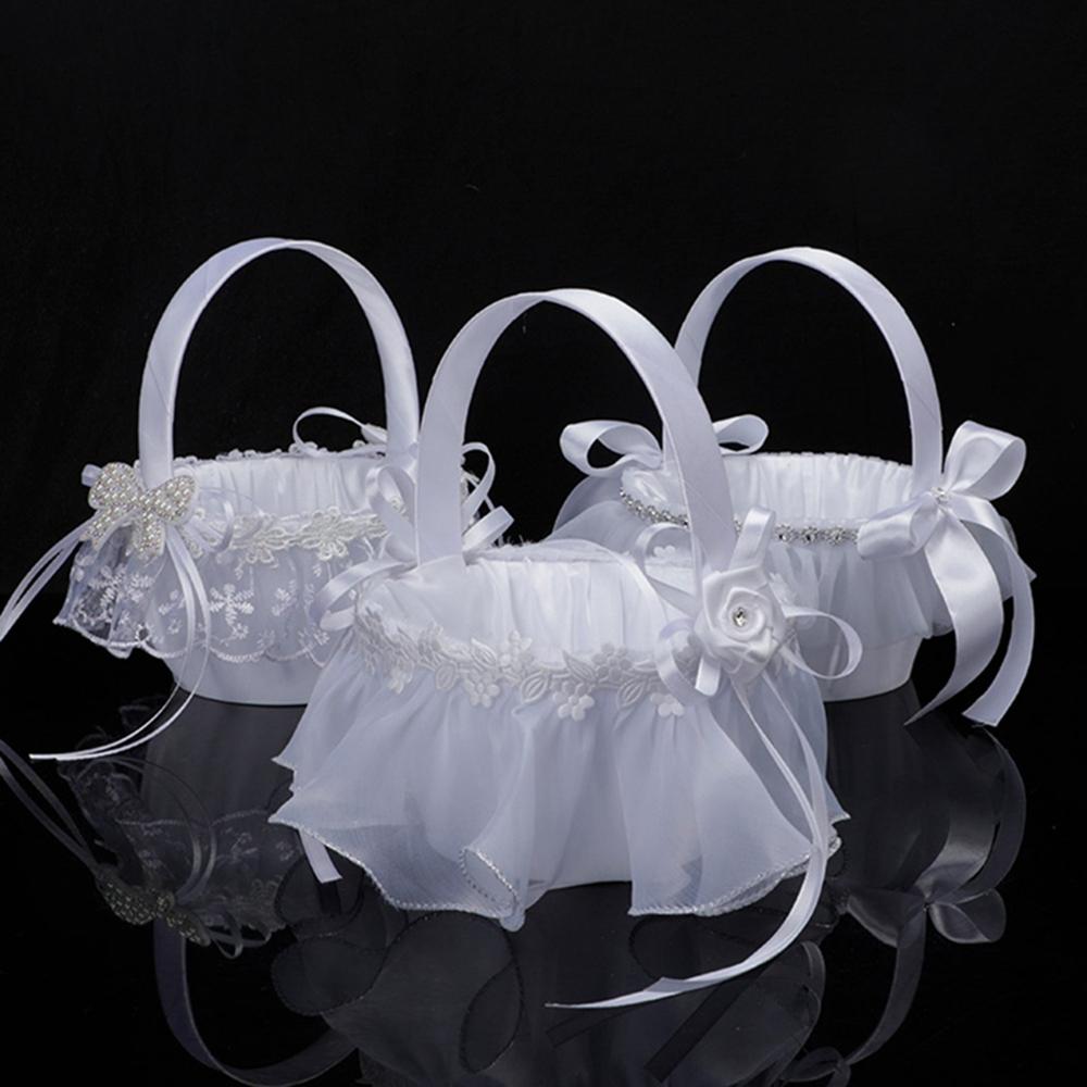 White Flower Girls Basket Simple Wedding Flower Basket Bride Bridesmaid Hand Held Basket Wedding Ceremony Party Decorations Yes