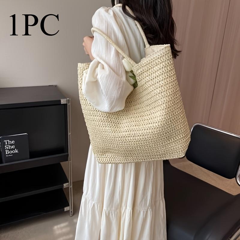 Chic Large Capacity Paper Woven Straw Tote Handbag for Women, Summer Woven Beach Shoulder Bag with Zip Closure