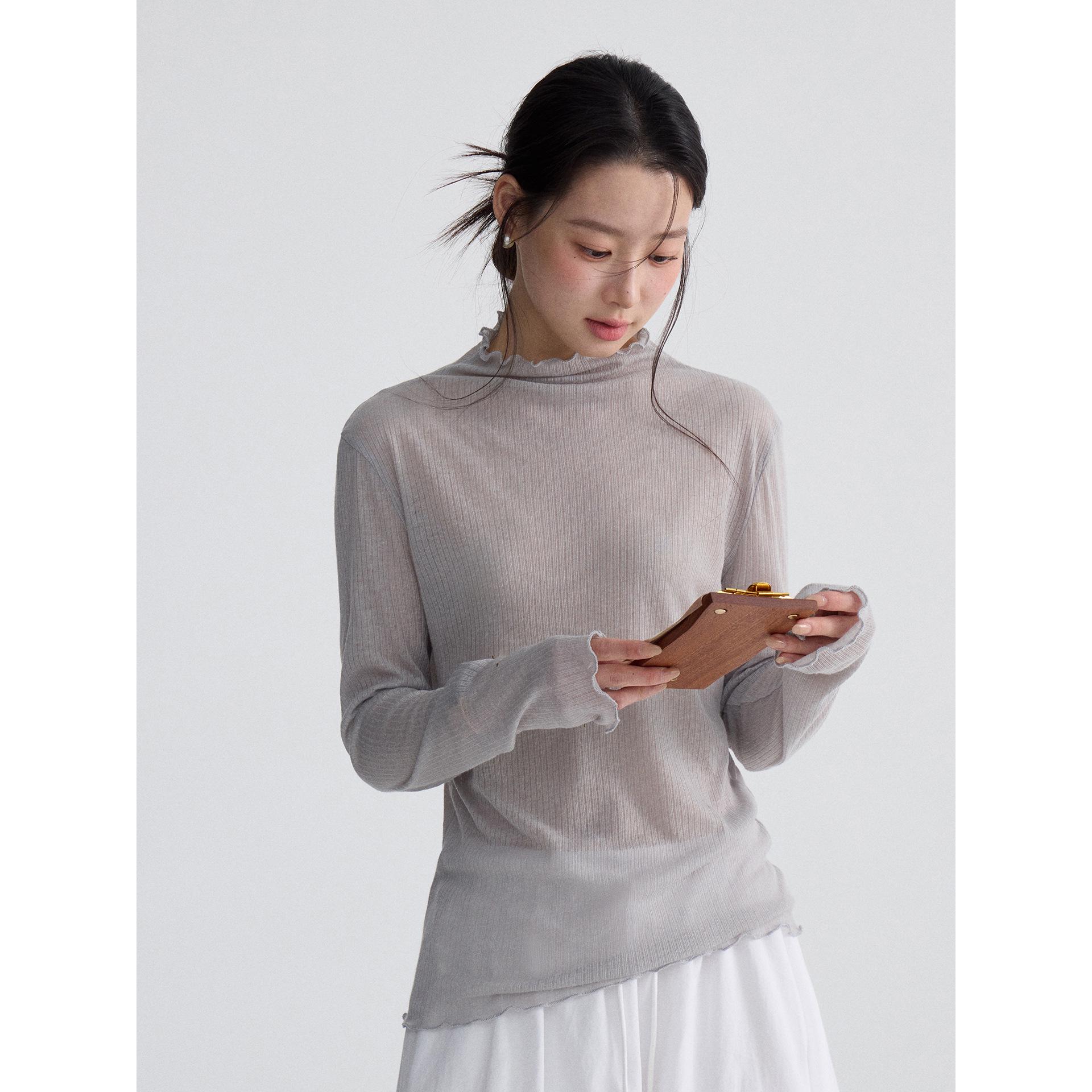 

Hazy Moonlight Women s Spring Ruffle Collar Puff Sleeve T-shirt Inner Layer N0059D One Size (85-125) светло-серый