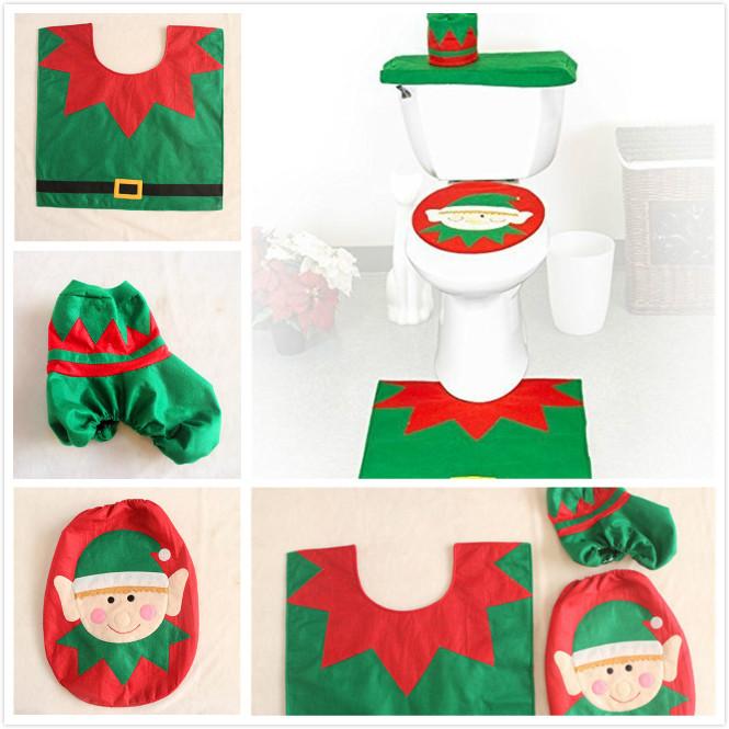 Christmas Elf Toilet Cover Set With Reindeer Santa Fabric For Holiday Decor