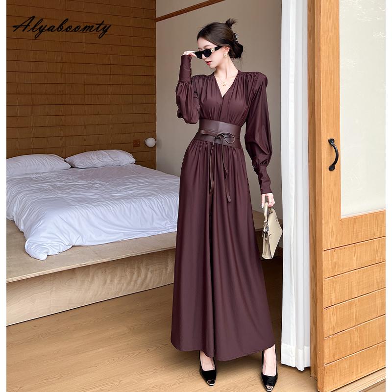 European Style Autumn Winter Women Maxi Long Party Dress V Neck Brown Black Dress+Croset Gorgeous Elegant Feminine Ladies' Gown Dress