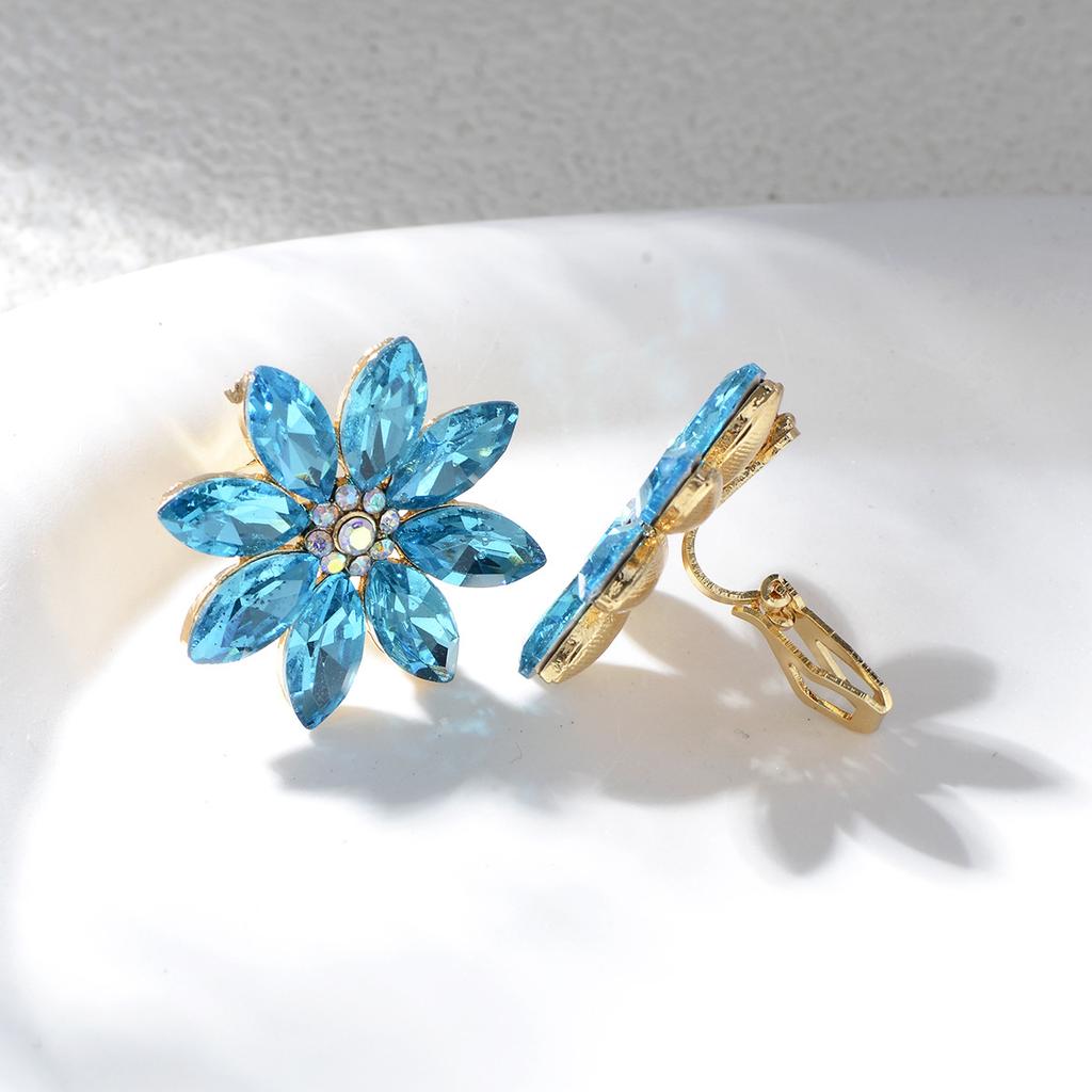 Vintage Light Luxury Colorful Diamond Sunflower Ear Clips High End Crystal Earrings Elegant Evening Party Jewelry