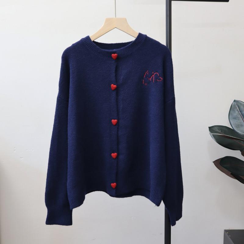 Embroidered Crew Neck Gray Knitted Cardigan Autumn and Winter New Loose Lazy Wind Soft Waxy Sweater Jacket Women