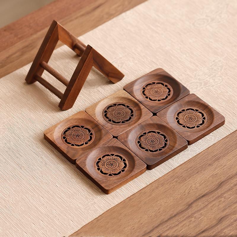 1 Set Chinese Walnut Wood Tea Tray Storage Rack Household Carved Coaster Insulation Teapot Teacup Mat Teaware Accessories