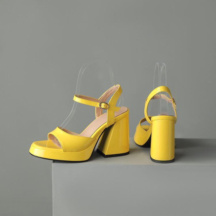 

Модные новые туфли-сандалии из лакированной кожи с круглым носком, с вырезом в виде рыбьего рта, с полым ремешком с пряжкой, водонепроницаемой платформой и толстым высоким каблуком для женщин 43 жёлтый