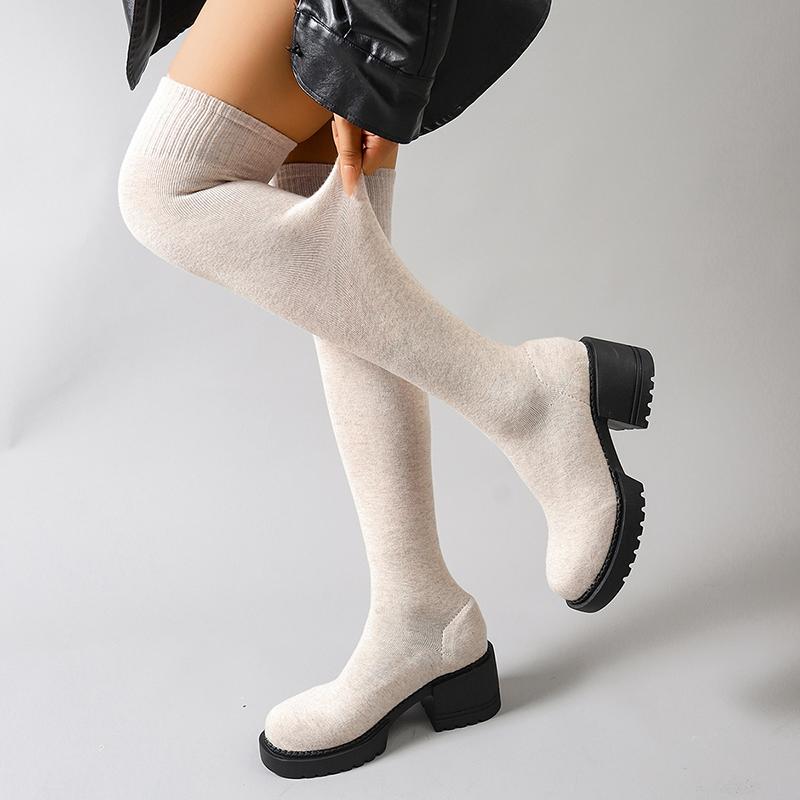 Fashion Chunky Heel Over The Knee Boots Women Plus Size 35-42 Stretch Knitted Sock Boots Woman Non Slip High Heels Long Botas