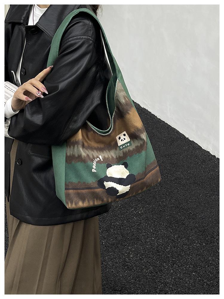 Plaid Canvas Tote Bag: Cute Cartoon Design, Large Capacity, Commuter-Friendly Shoulder Bag for Women