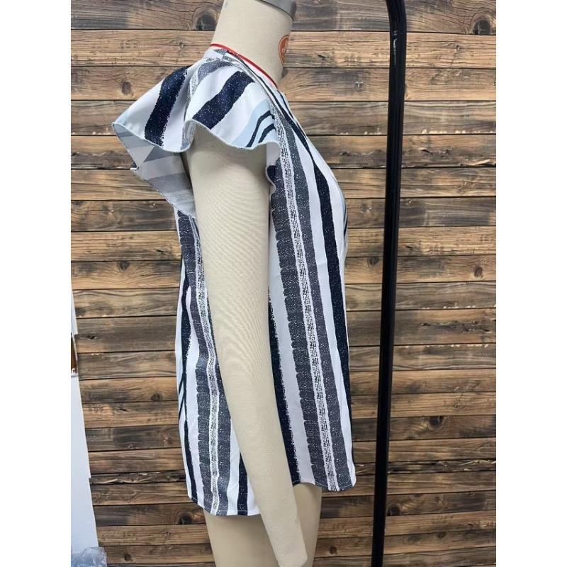 Women's Summer Top Color Stripes Patchwork Shirt Lotus Leaf Flying Sleeve Sleeve Shirt Top