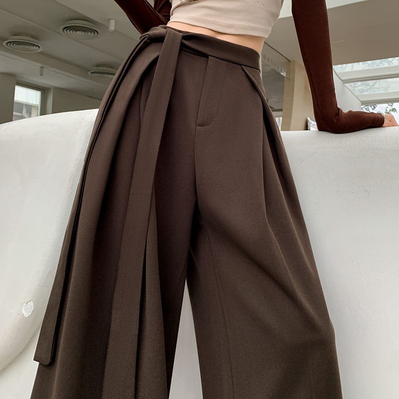 High Waist Wool Trousers Women Loose Casual Wide Leg Winter Tie Waist Design Long  Pants