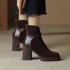 Comfortable Leather Thick Bottom Rough Heel Spliced Tube Boots Women's Autumn/winter Style Zipper Matte Heel Boots