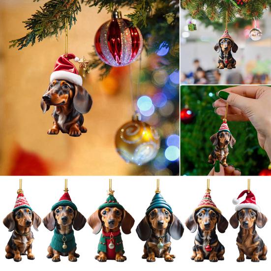 1/7Pcs Christmas Acrylic Dachshund Hanging Decoration Car Rearview Mirror Xmas Tree 2D Flat Santa Hat Dog Hanging Ornament Holiday Party Pendant