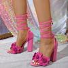 New Summer Fashionable Embroidery Flowers Ankle Strap Sandals Women Open Toe Pink High Heels Wedding Banquet Shoes Zapatos Mujer