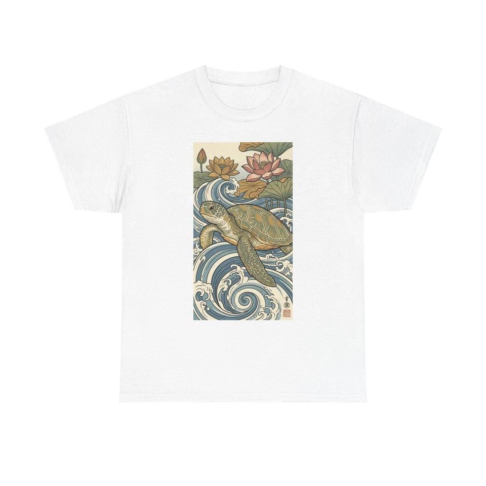 Sea Turtle Wave Print Tee | Japanese Wave, Lotus Flowers M