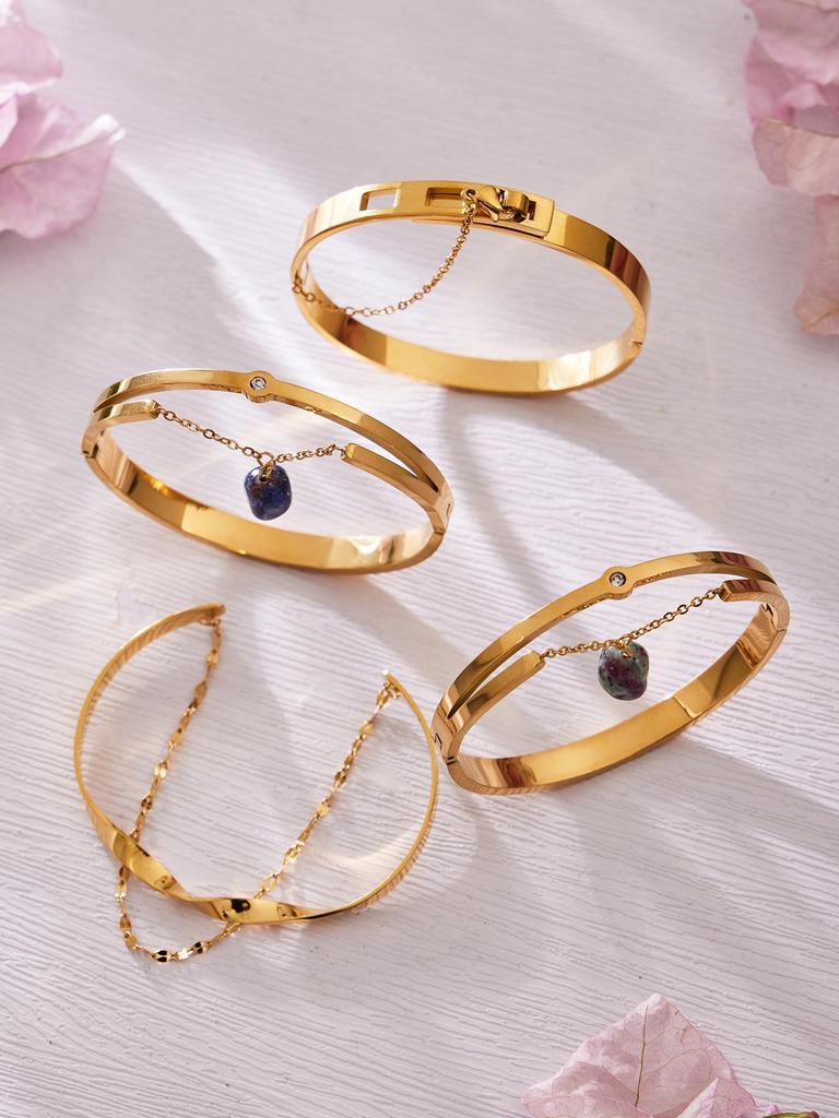 Modern Chinese Style Stone Pendant Gold-Plated Stainless Steel Geometric Bracelet