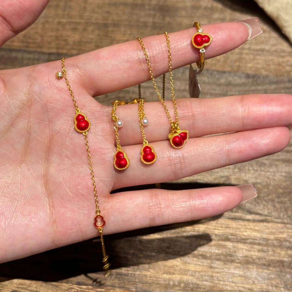 Silk Red Gourd Drip Glaze Necklace Ring Earrings Bracelet Temperament Versatile Lucky Red Jewelry Set