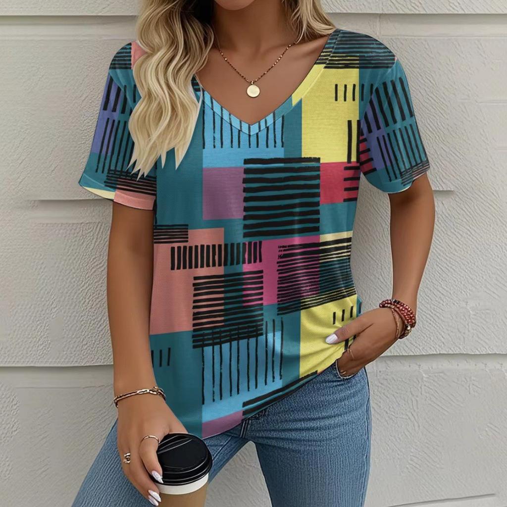 Summer V-neck 3D Color Blocking Printed Top Fashionable Casual Short Sleeved Women's T-shirts
