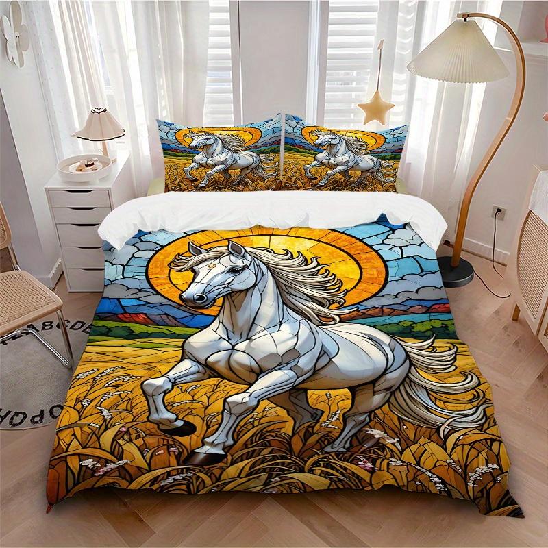 

3pcs StainedGlass Horse Soft Comfortable Bedding set, For Bedroom, Guest Room And Dorm, All - Season Use, High-Definition Printing173 135x200cm