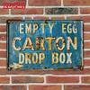 VintageEggChicken™ Charming Vintage Tin Sign with Empty Egg Carton Drop Box Quote, Retro Chicken Design, Rustic Farm Decor