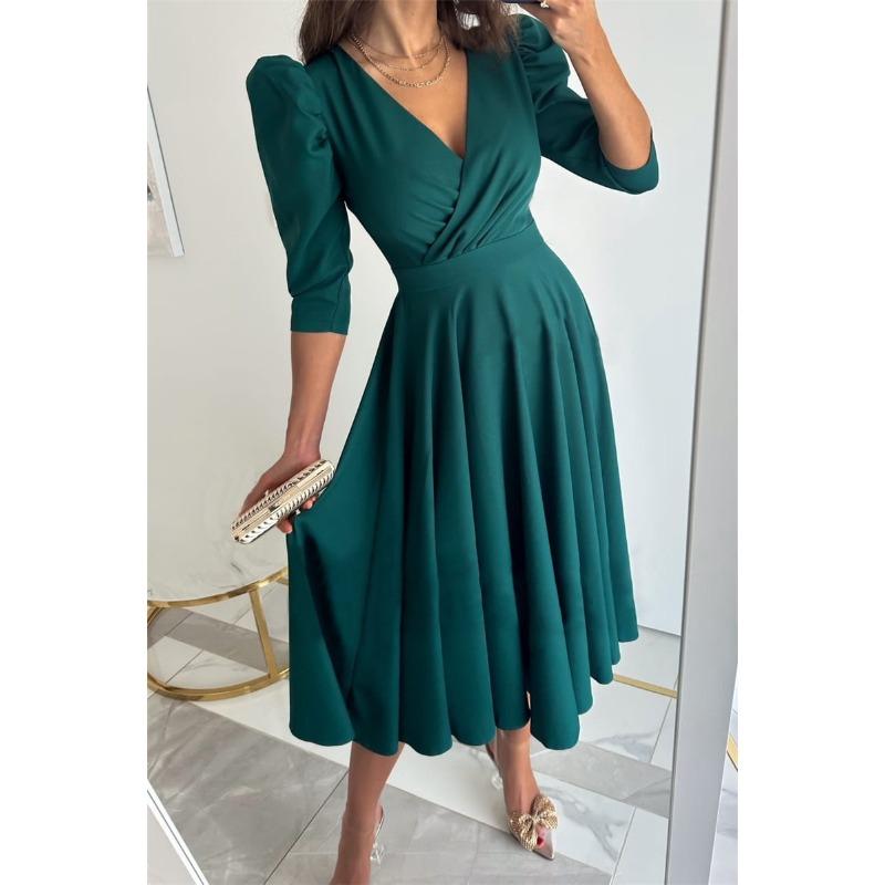 JKASHDK Kadın Moda Yaz Bahar Düz Renk Baskı 3/4 Kollu V Yaka Yüksek Bel Günlük Elbiseler