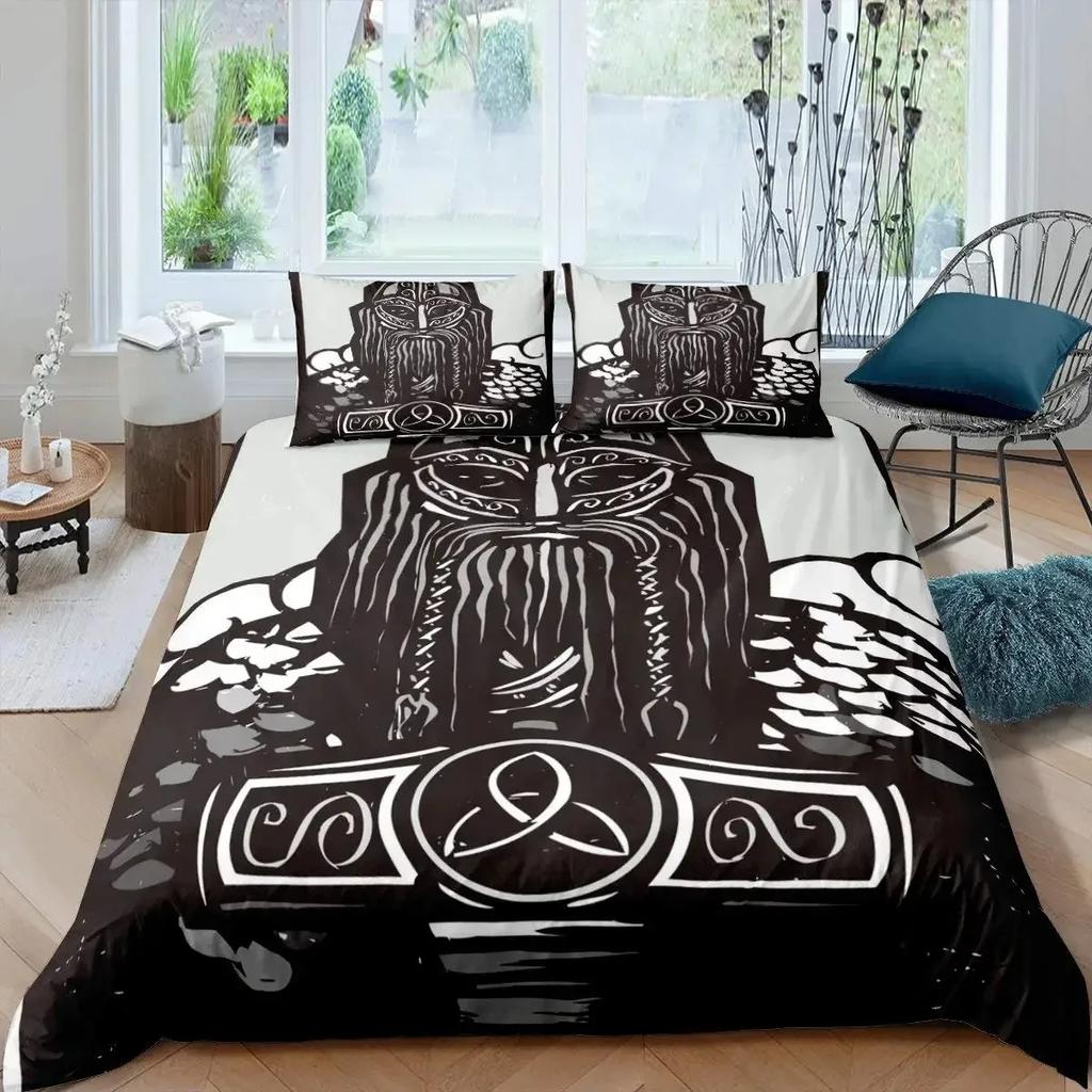 Viking Duvet Cover Set KingQueen Size Slate Blue Mjolnir Pattern Bedding Set Northern Germanic Culture Polyester Quilt Cover
