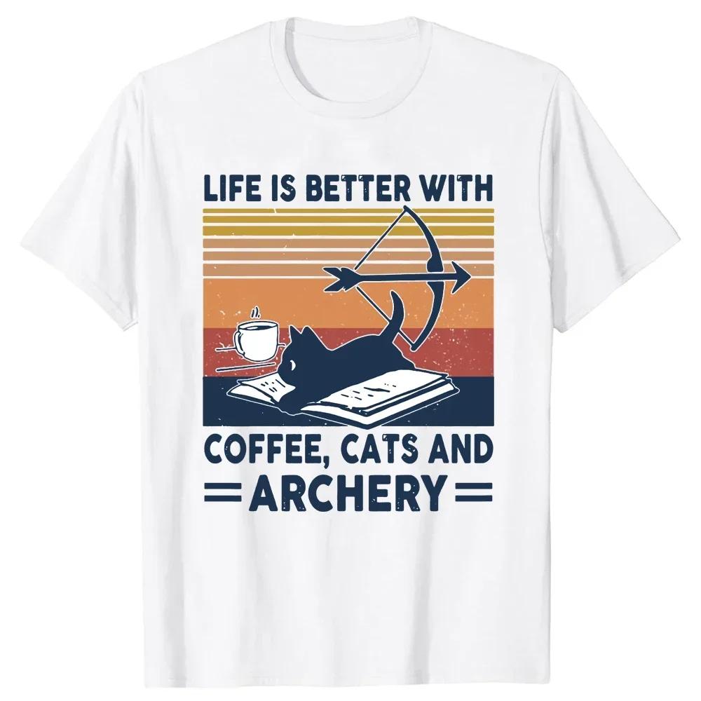 Life Is Better With Coffee Cats Archery Graphic Tee Soft Cotton Short Sleeve TShirt Casual S
