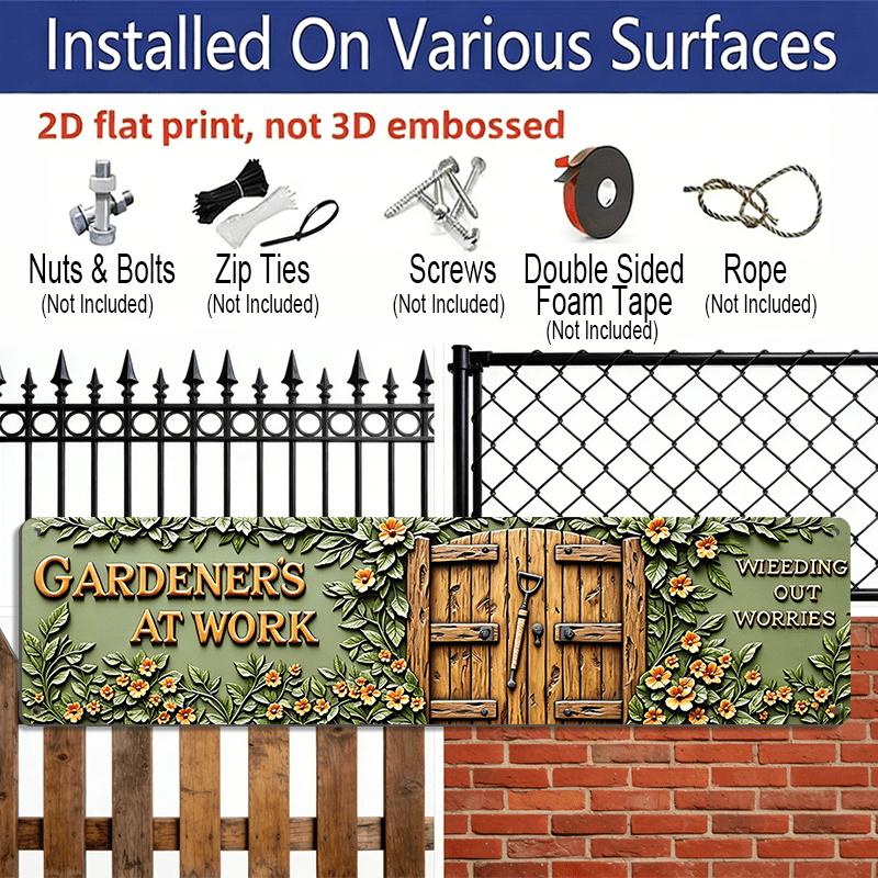 Aluminium Decorative Sign 2D Flat Designed with Gardening Elements, 15.7×3.94inch, Featuring Floral Patterns And Gardening Tools. This Piece of