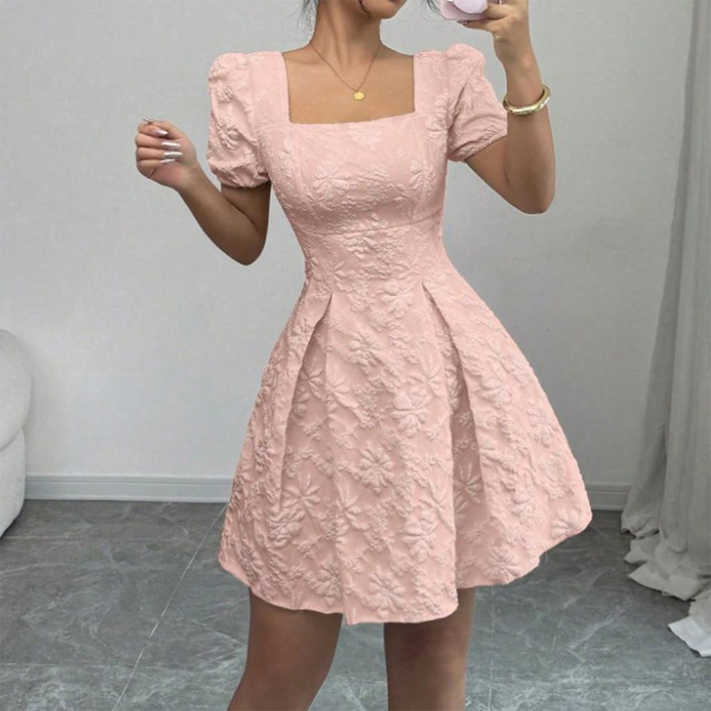 Women's Fashionable Color Square Neck Bubble Short Sleeved Dress With Temperament