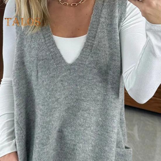 Damenpullover mit V-Ausschnitt, ärmellos, einfarbig, Strickweste mit Taschen, gerippter Besatz, lockere Passform, mittellange Freizeitstrickmode