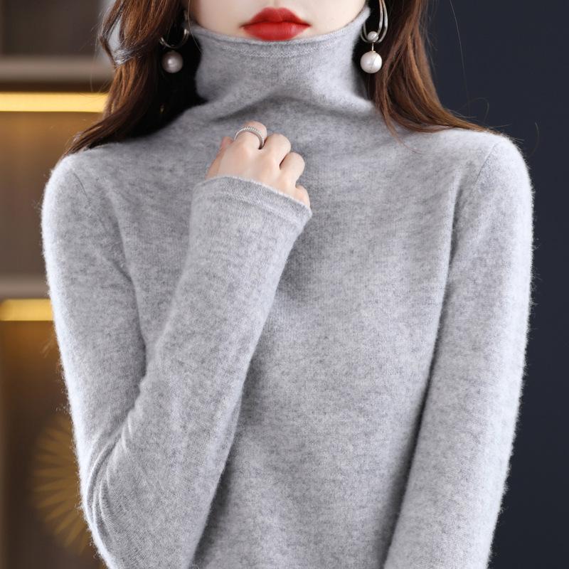 Women's 100% Pure Wool Turtleneck Sweater - Fashionable Autumn/Winter Knitted Cashmere Base Layer Top