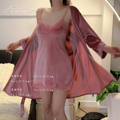 Sexy Pajamas Women's Autumn and Winter 1011 New Pure Desire Golden Velvet Suspender Nightdress Nightgown Set Two-piece Set