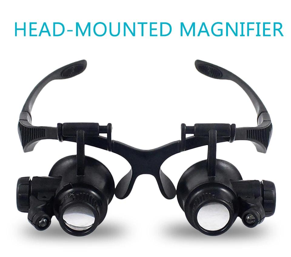 Headband Led Light Glasses Magnifier 10x 15x 20x 25x Dual Eye Loupe Lens For Watchmaker Jewelry Optical Lens Glass Magnifier