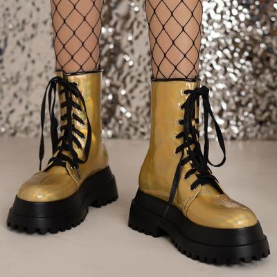 Bottines Punk Femmes Plateforme Bout Rond Gothique Or Courtes Bottes de Combat à Lacets Automne Hiver Noir Bleu Rose Chaussures de Fête Dame