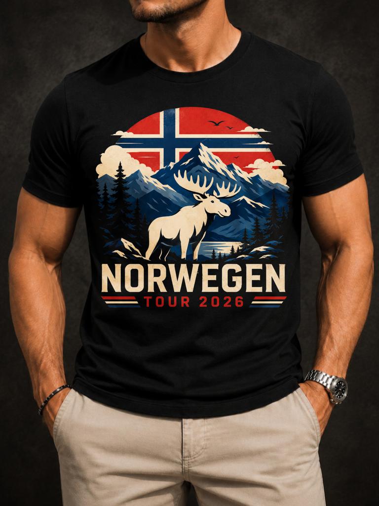 Norwegen Tour 2026 Graphic Moose Framed By Pine Forest Mountains And Norwegian Cross Retro Outdoor Unisex All TShirt