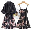 Women Faux Silk Kimono Robe Gown Sets Sexy Print Crane Nightdress &Bathrobe Lingerie Nightgown Summer Sleepwear